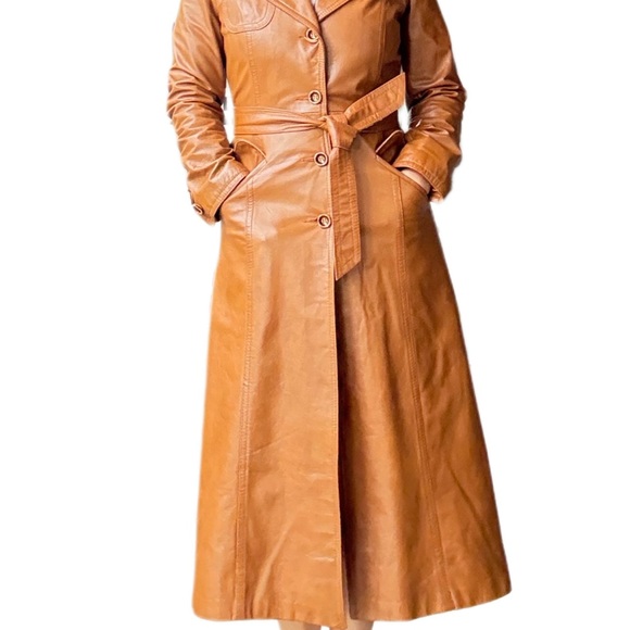Vintage 1970s Gassy Jack by Gabriel Levy Caramel Leather Trench Coat - Picture 2 of 10